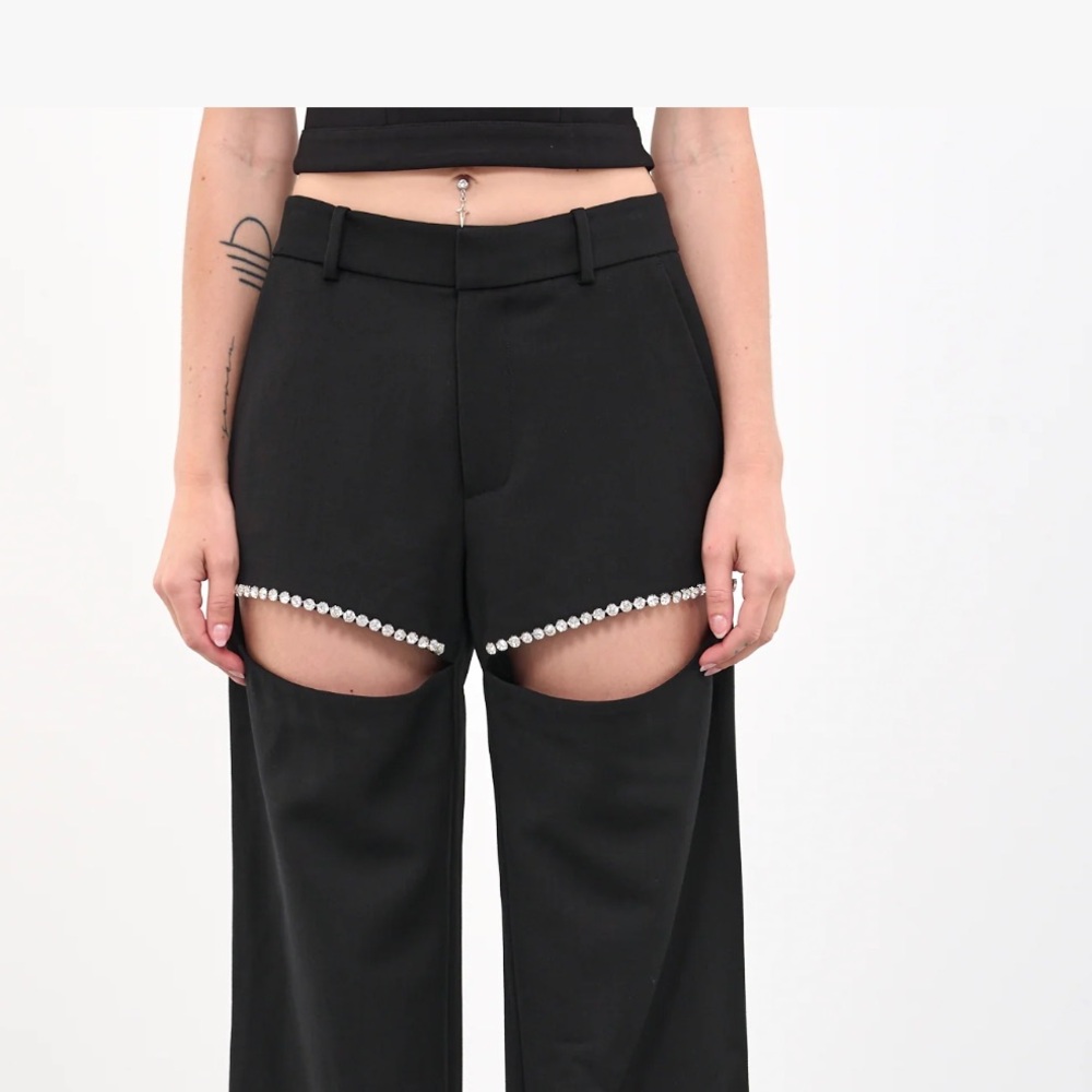AREA Crystal Slit Trousers Black Size 0 Embellished Pants - Picture 7 of 14